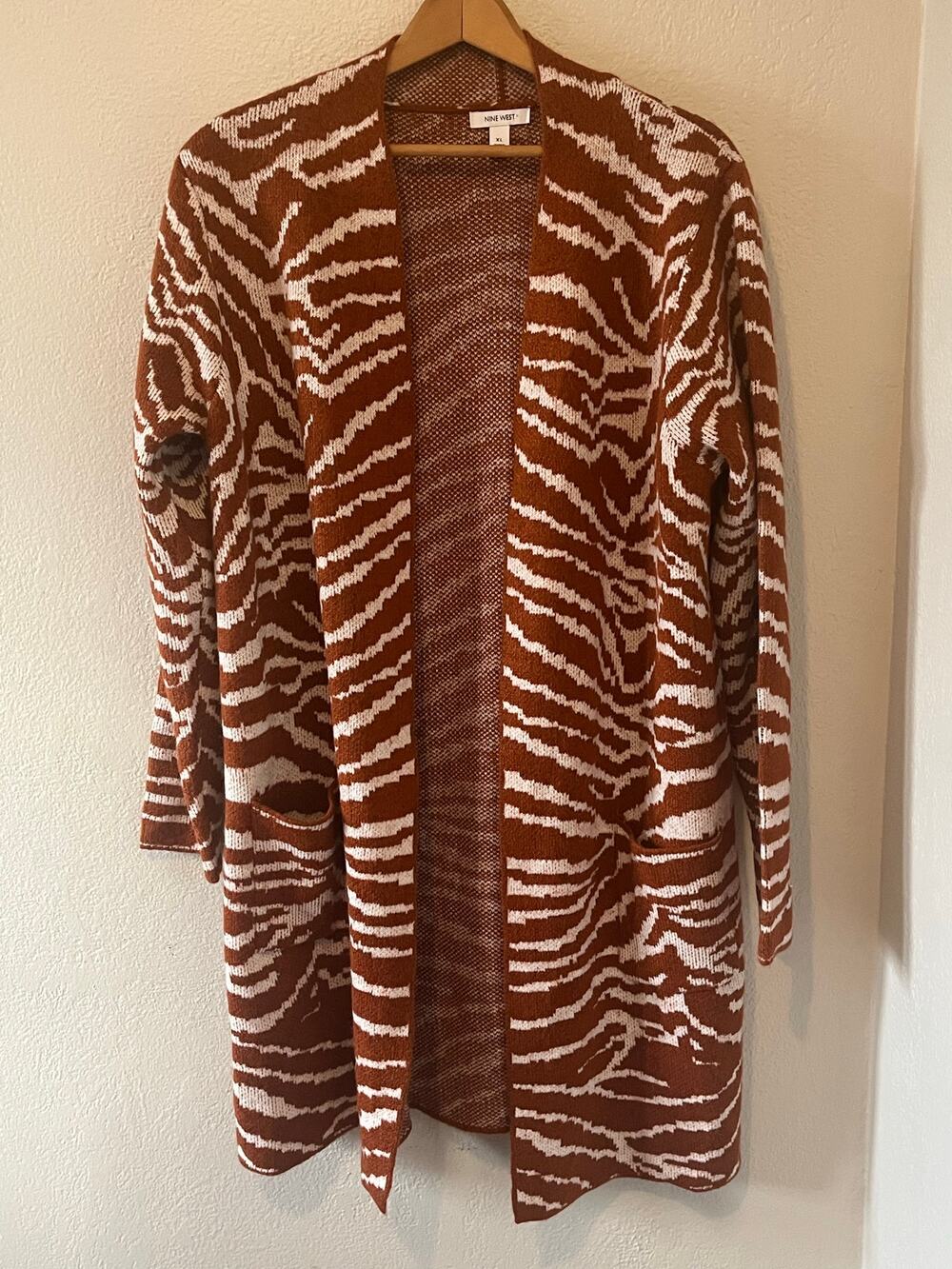 Women's Nine West Zebra Brown White Print Winter Fall Cardigan Sweater Size XL